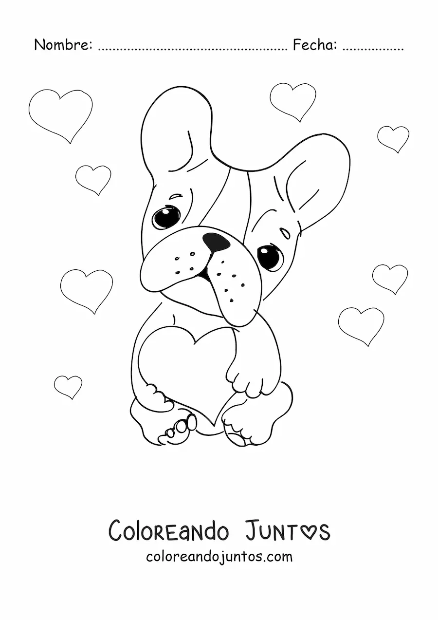 Imagen para colorear de bulldog francés sentado sosteniendo un corazón con corazones de fondo