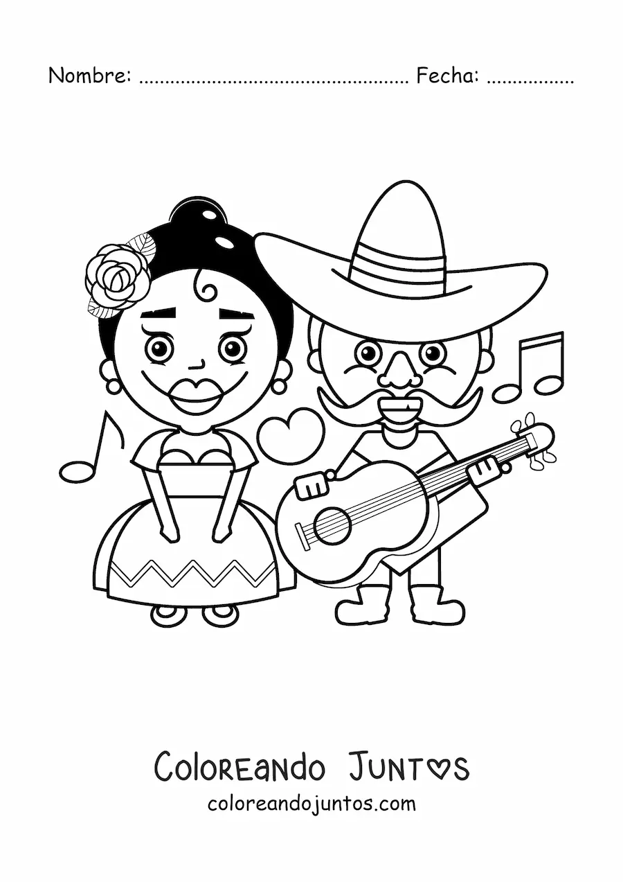 Imagen para colorear de pareja mexicana con trajes tradicionales