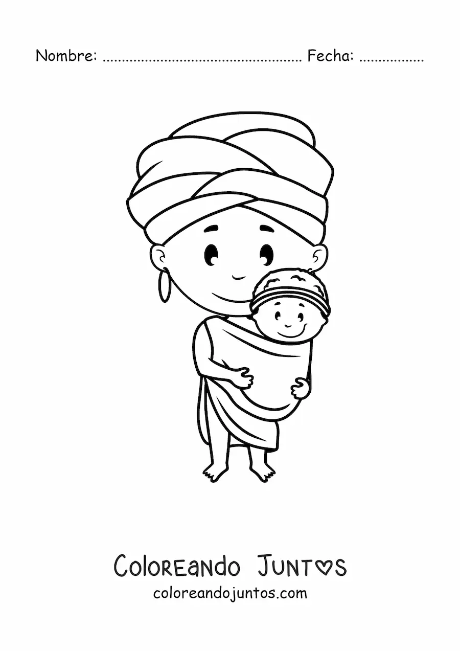 Imagen para colorear de mujer africana animada con un bebé