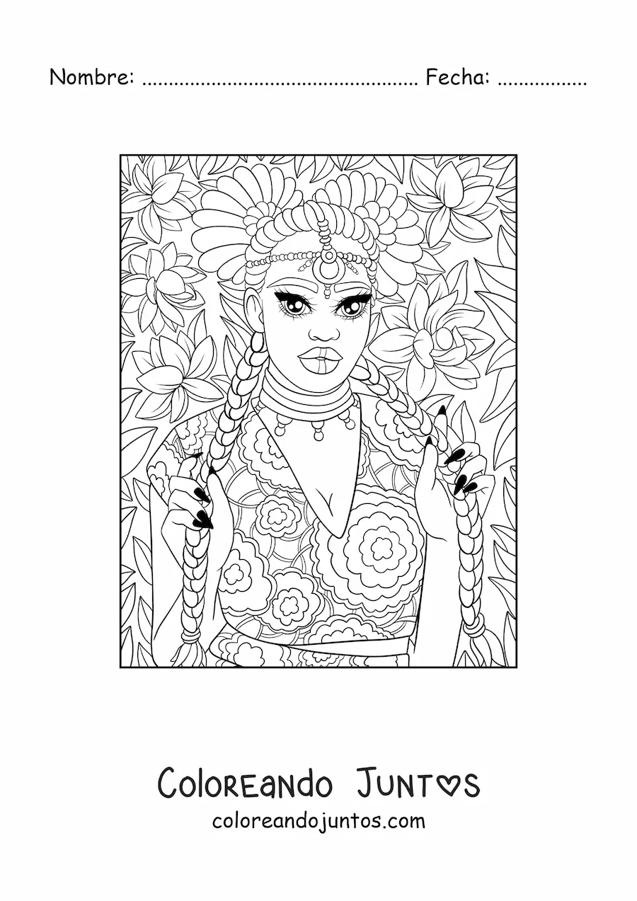 Imagen para colorear de hermosa mujer africana con trenzas