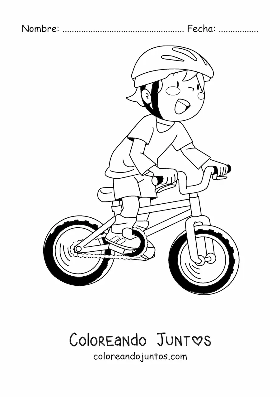 Imagen para colorear de un niño con casco montado en una bicicleta
