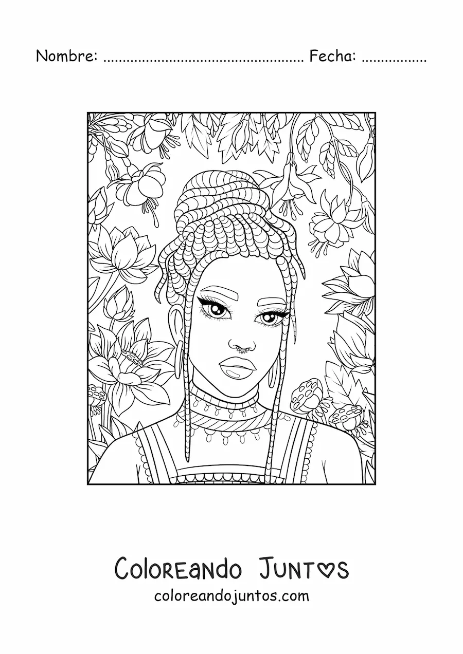 Imagen para colorear de hermosa mujer africana con trenzas y flores