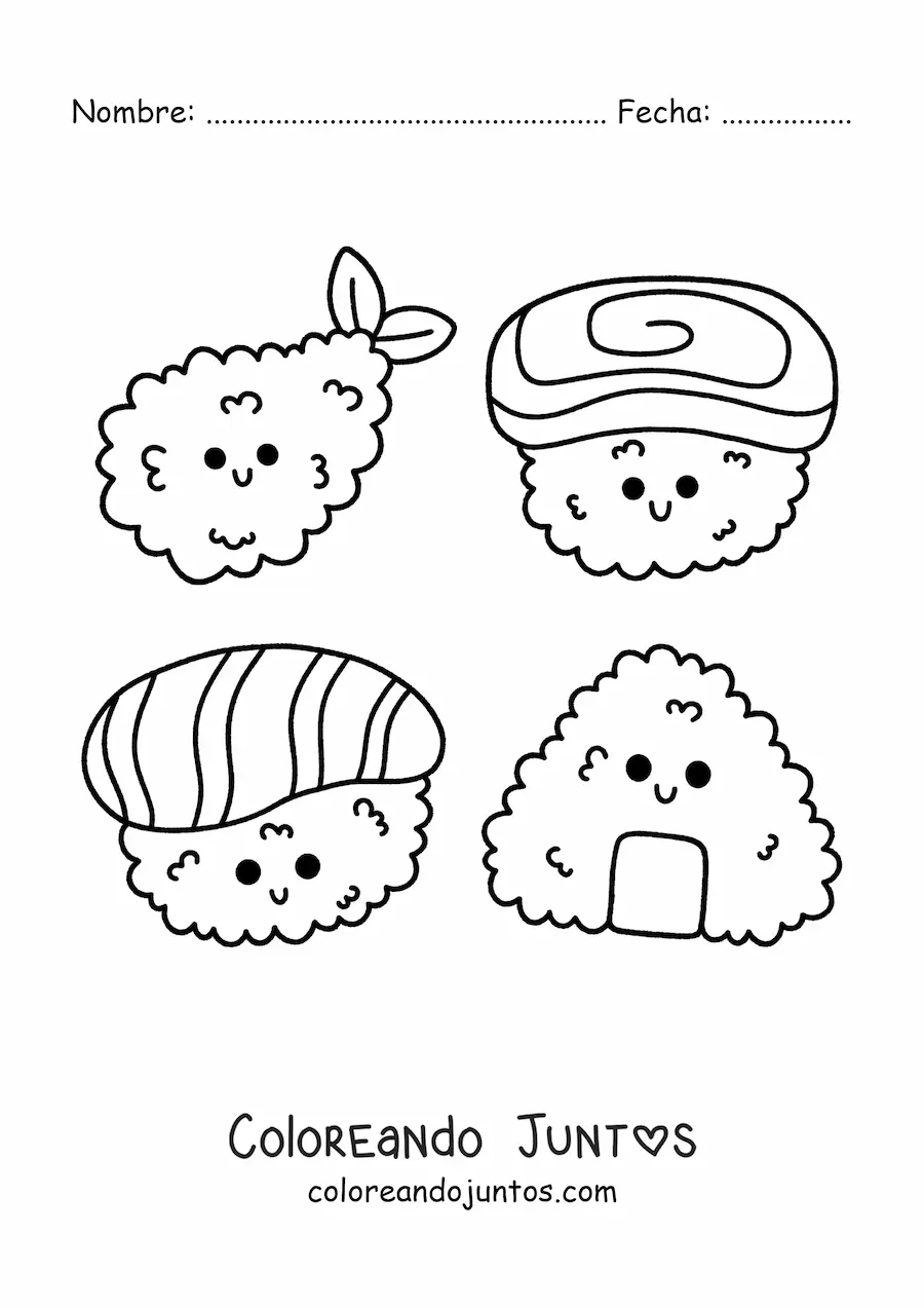 Imagen para colorear de sushi kawaii animado
