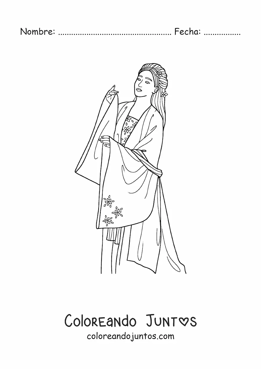 Imagen para colorear de mujer japonesa con kimono