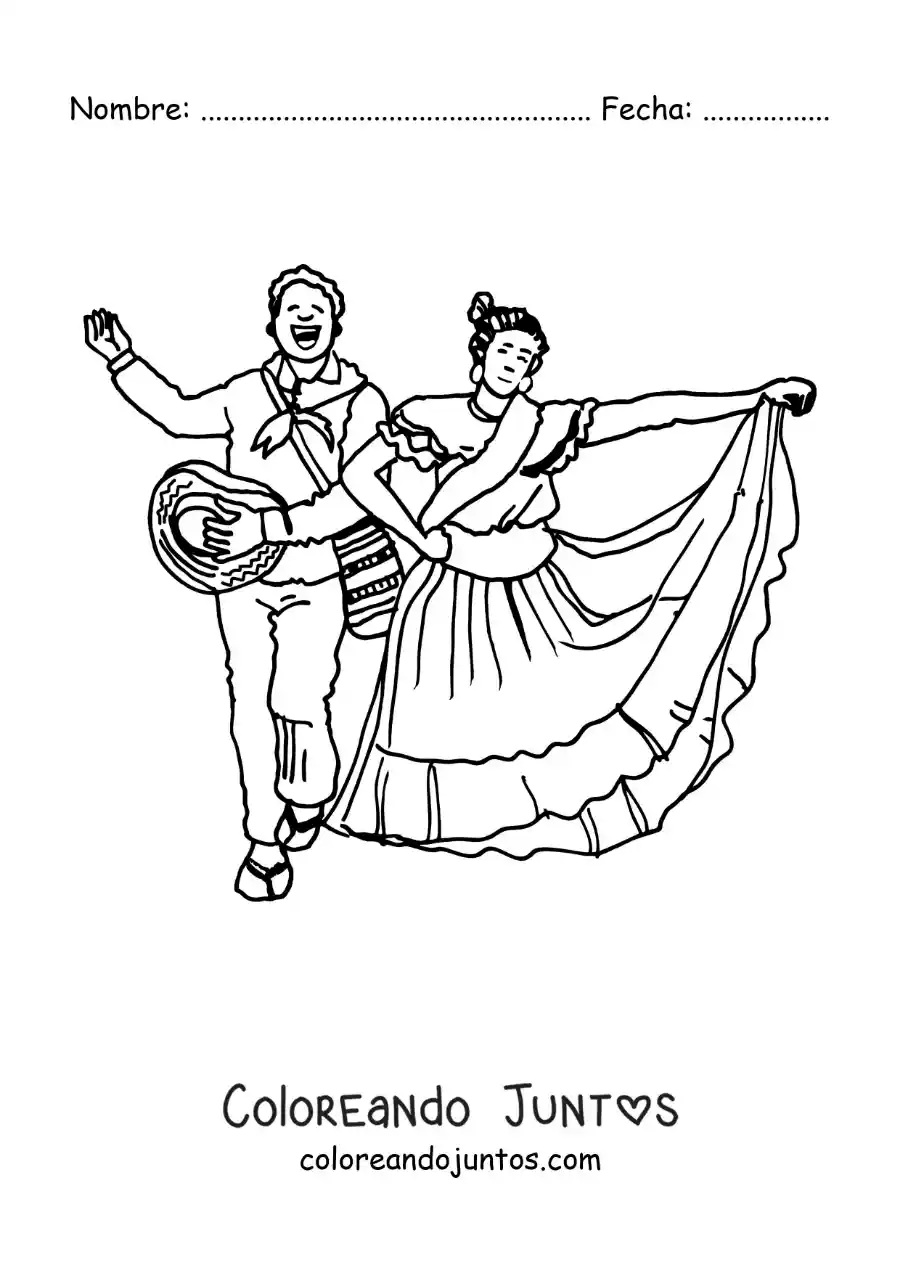 Imagen para colorear de pareja animada con traje típico de colombia