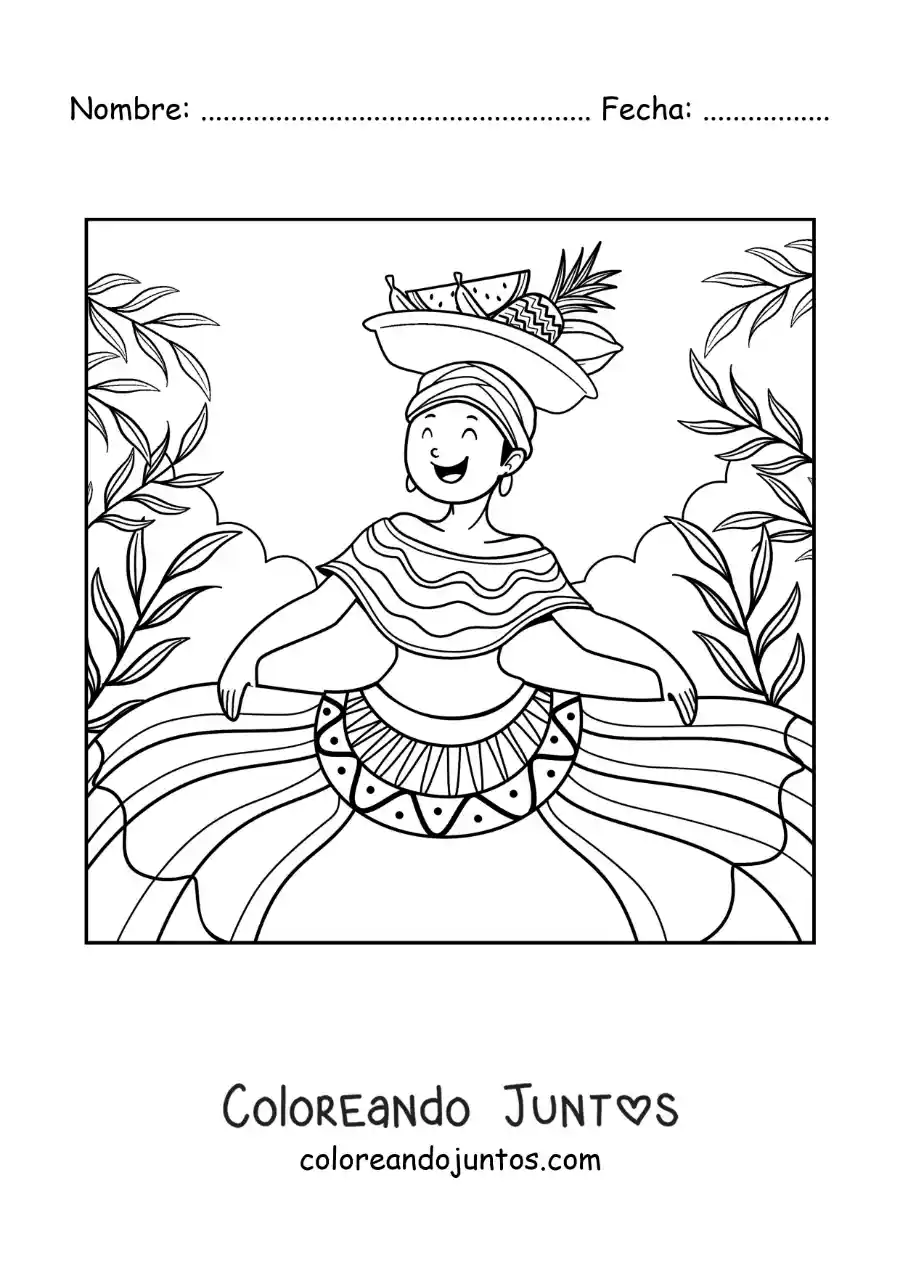 Imagen para colorear de mujer colombiana animada con traje tradicional