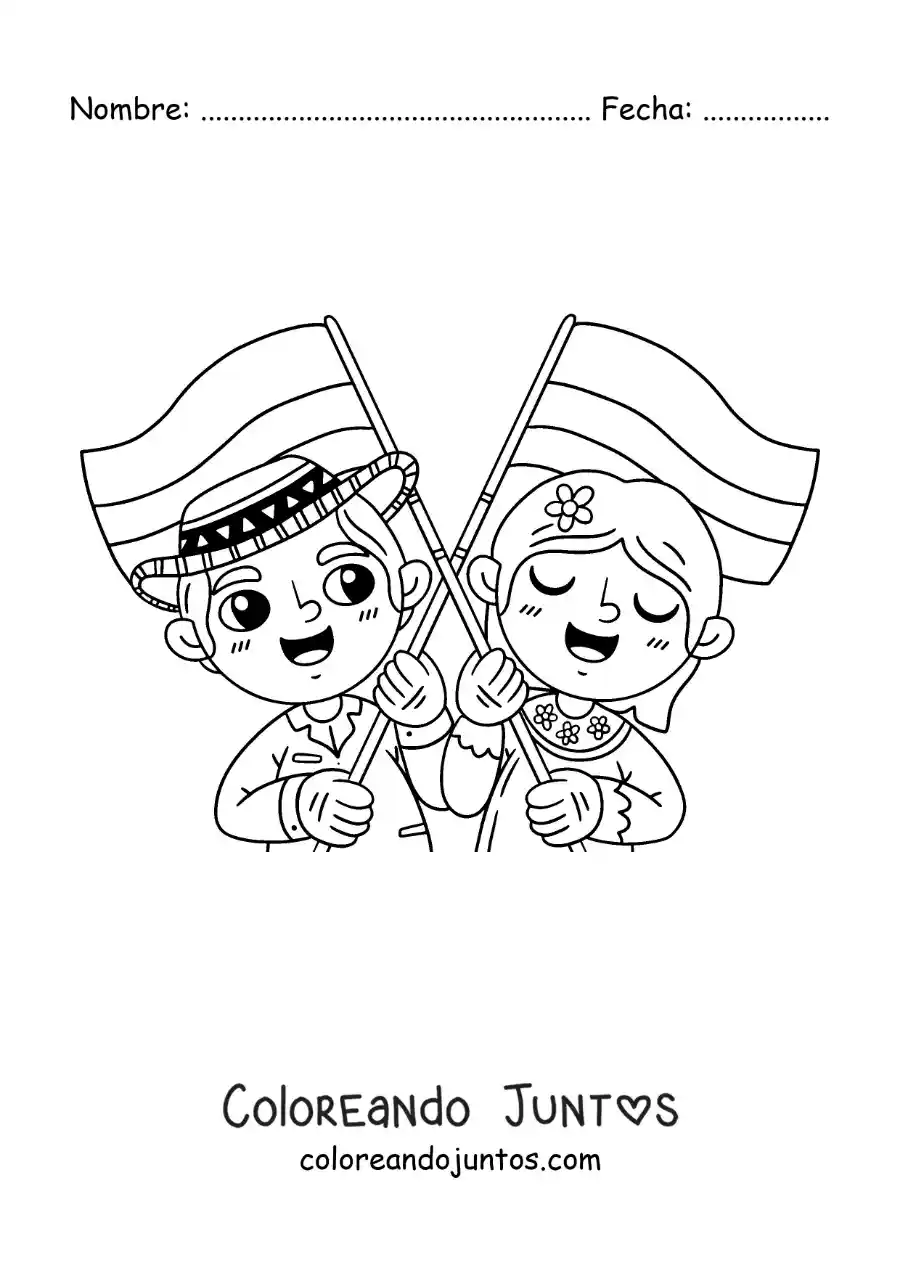 Imagen para colorear de niños colombianos animados con la bandera