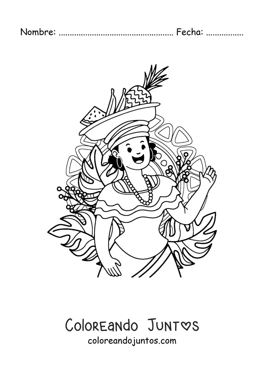 Imagen para colorear de mujer de la cultura colombiana animada