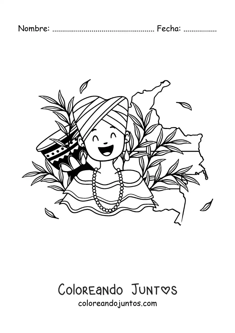 Imagen para colorear de mujer con vestimenta tradicional y el mapa de colombia