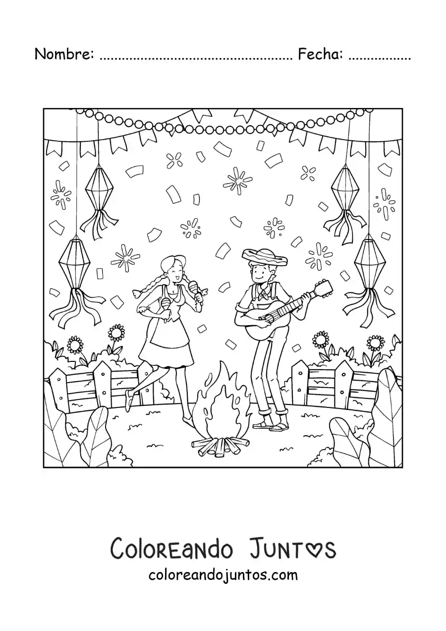 Imagen para colorear de pareja celebrando las fiestas juninas tradicionales de brasil