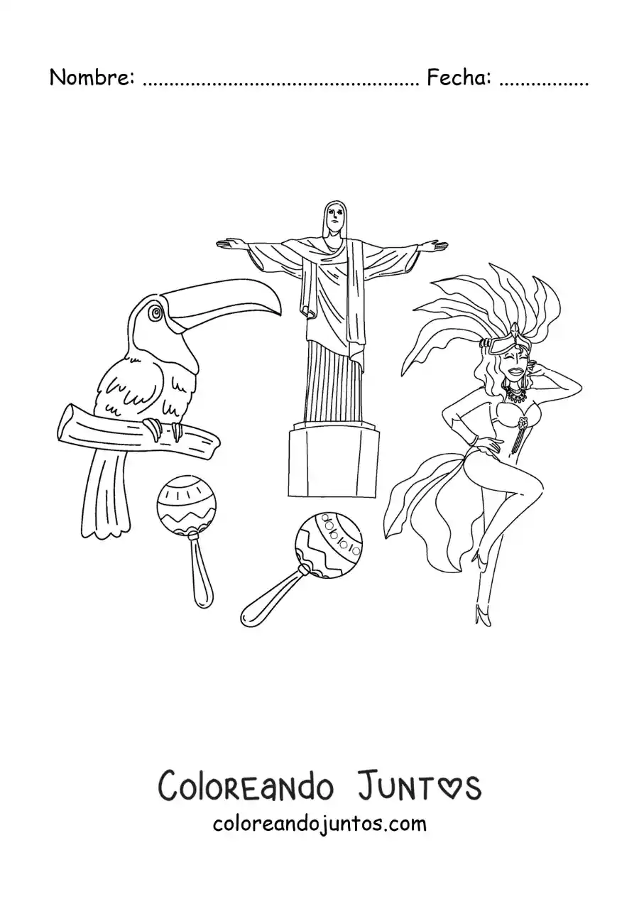 Imagen para colorear de cristo redentor y elementos de la cultura de brasil