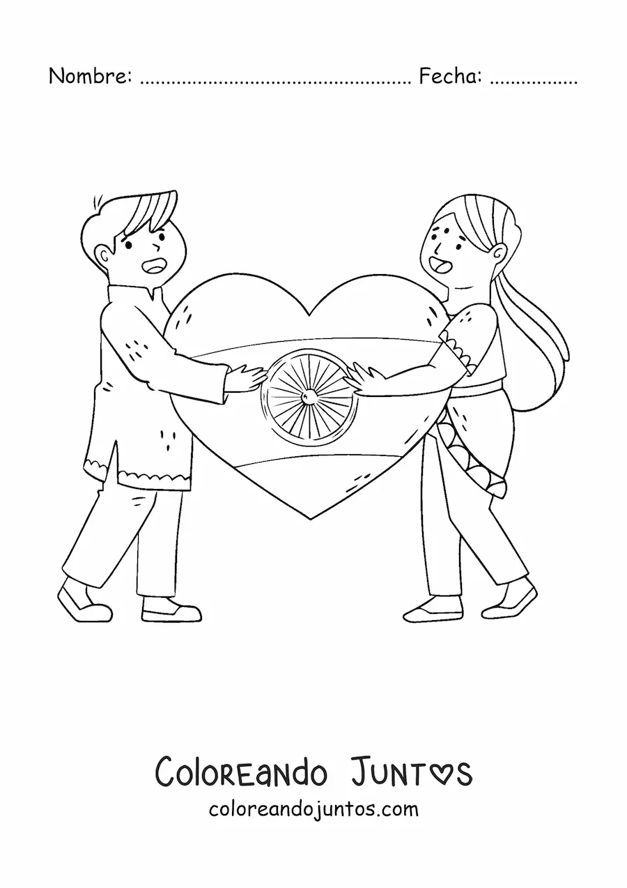 Imagen para colorear de niños de la india con bandera en forma de corazón
