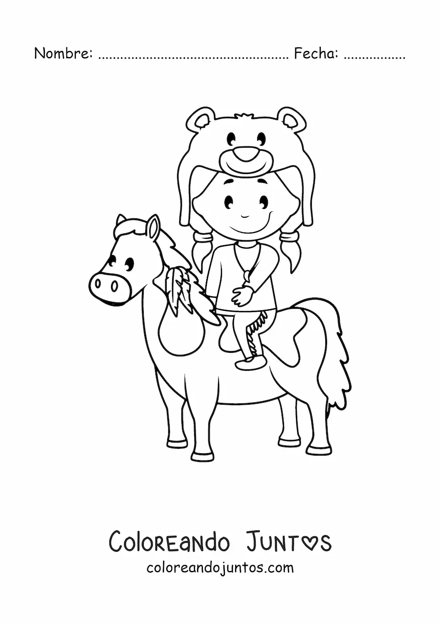 Imagen para colorear de niño indígena americano montando un caballo