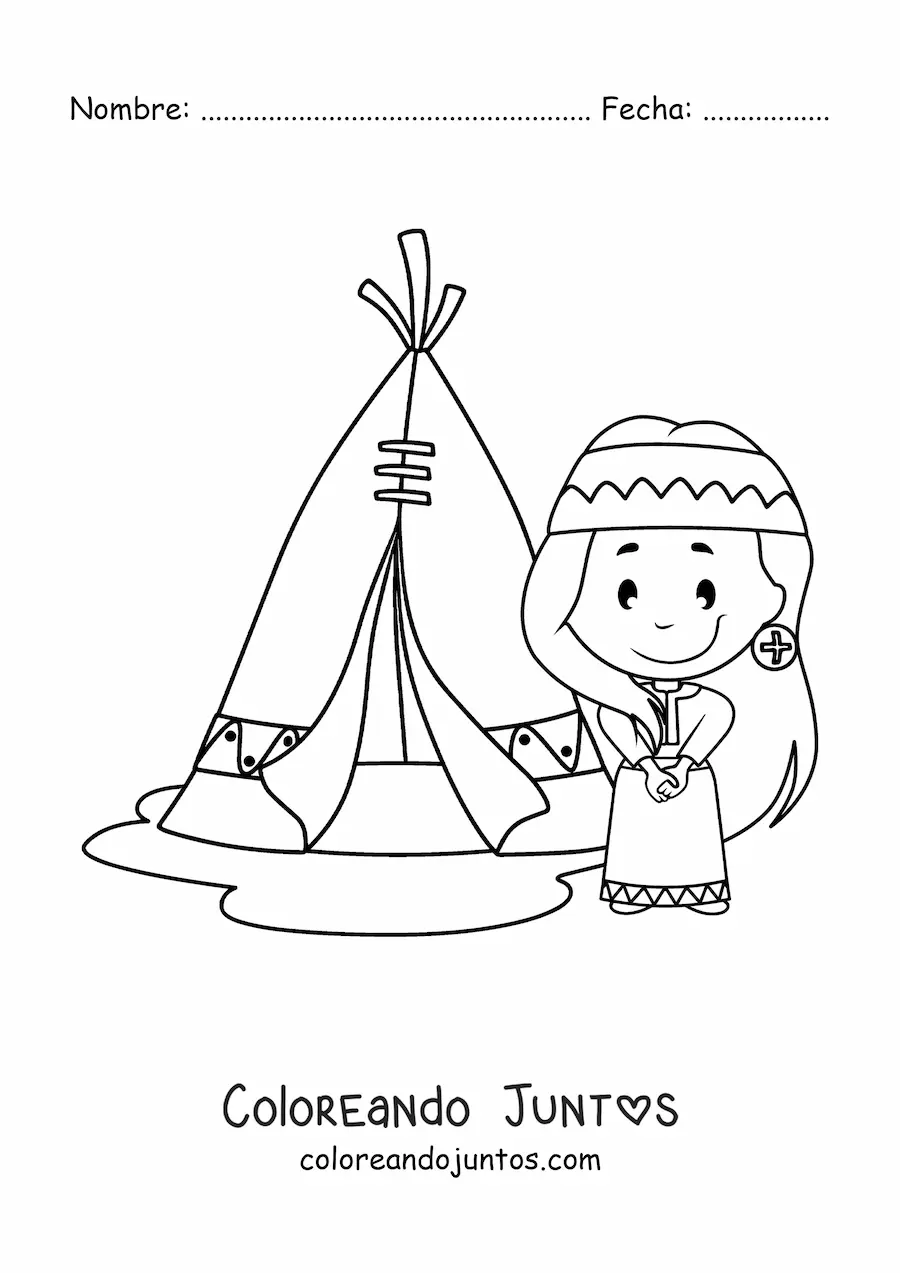 Imagen para colorear de chica indígena americana junto a un tipi