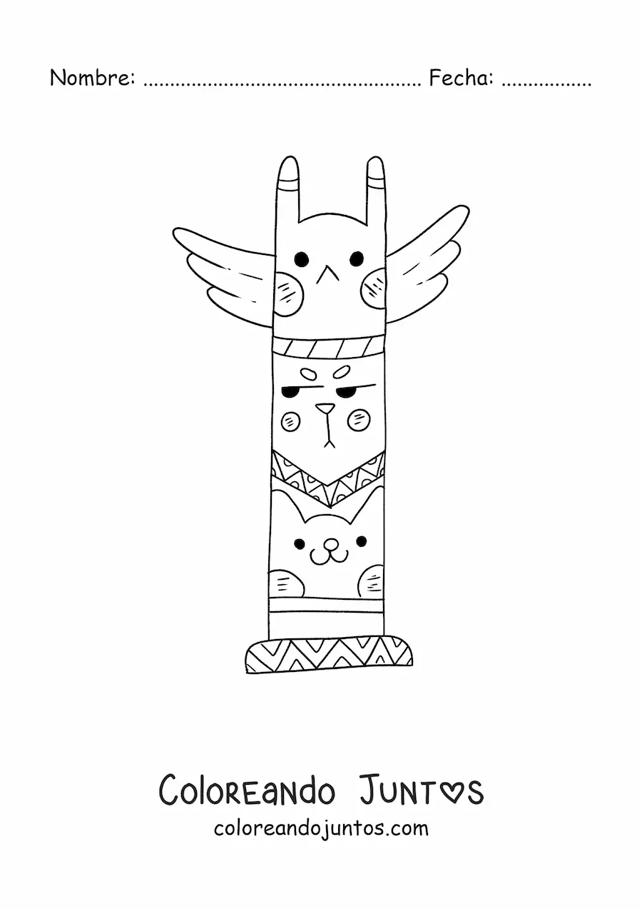 Imagen para colorear de totem indígena americano animado kawaii