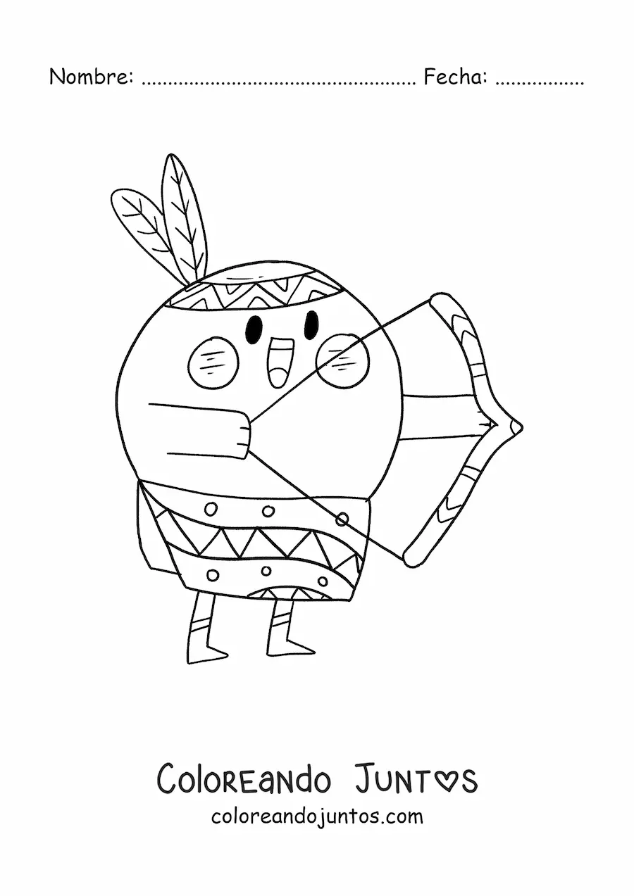 Imagen para colorear de indígena americano animado kawaii con arco y flechas