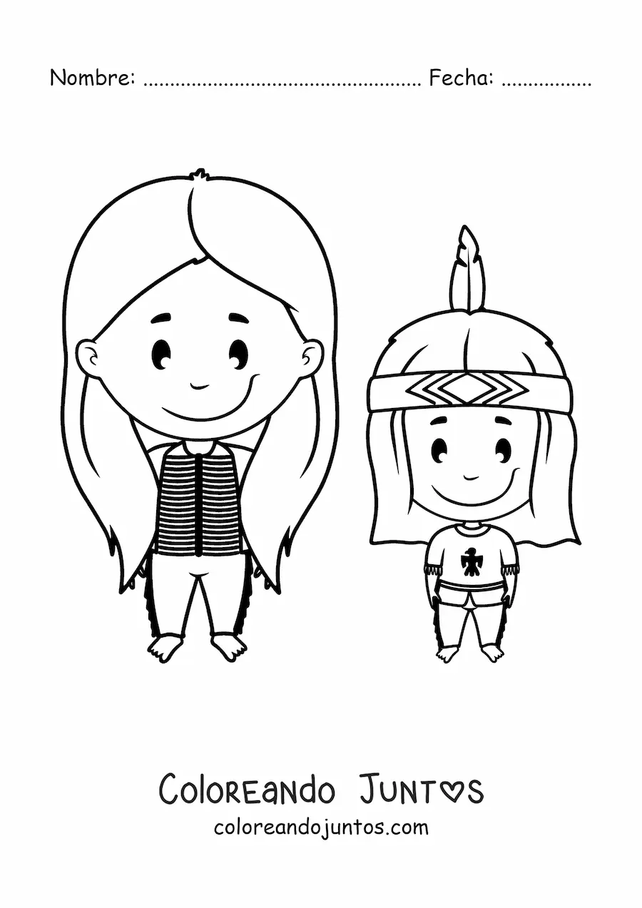 Imagen para colorear de madre e hijo de tribu indígena americana