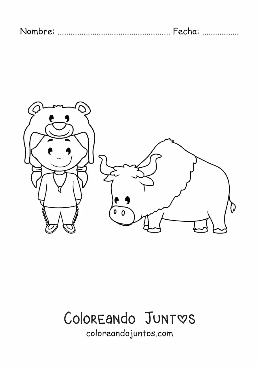 Imagen para colorear de indígena americano animado kawaii con un buey