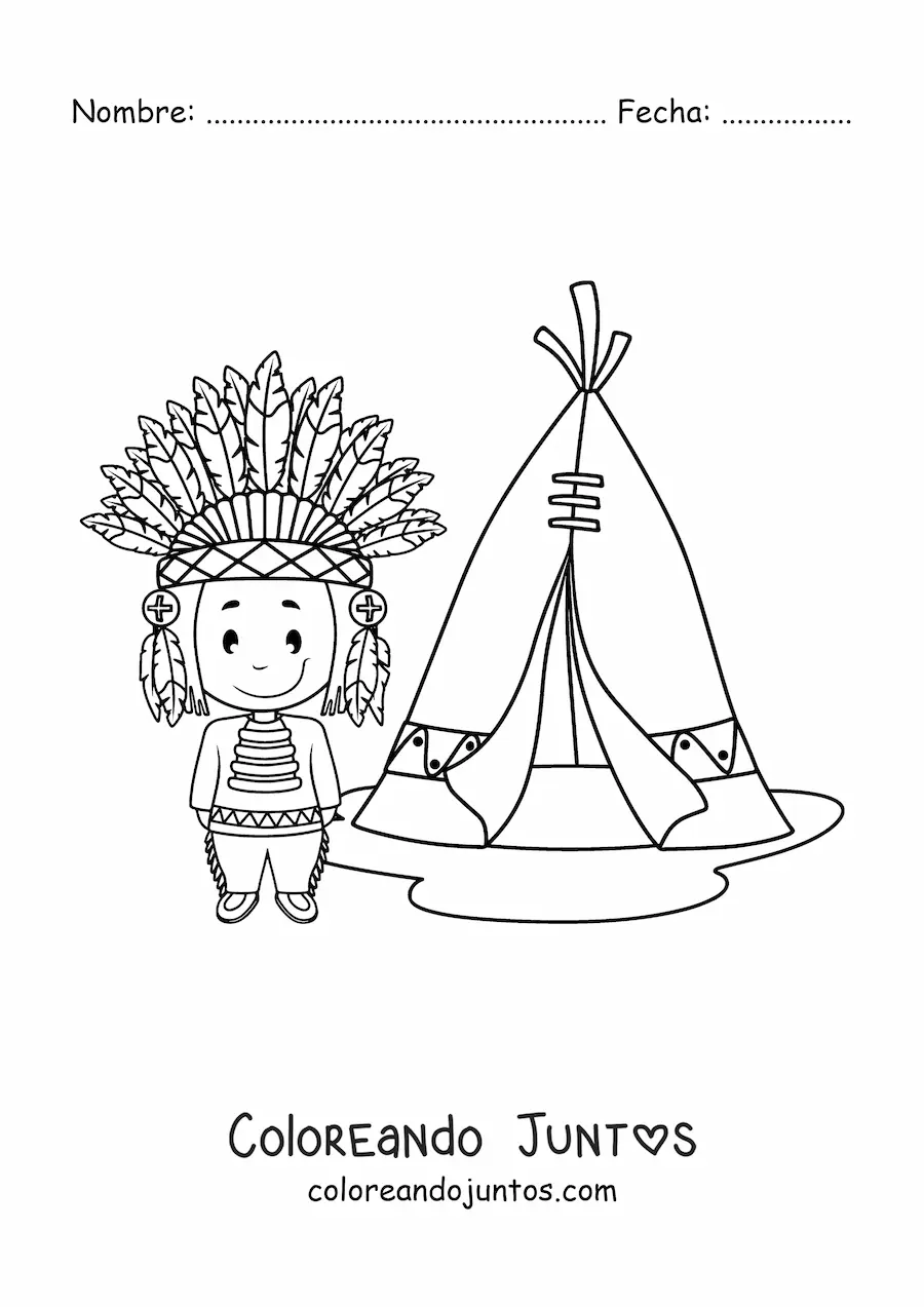 Imagen para colorear de indígena americano animado con penacho de plumas junto a un tipi