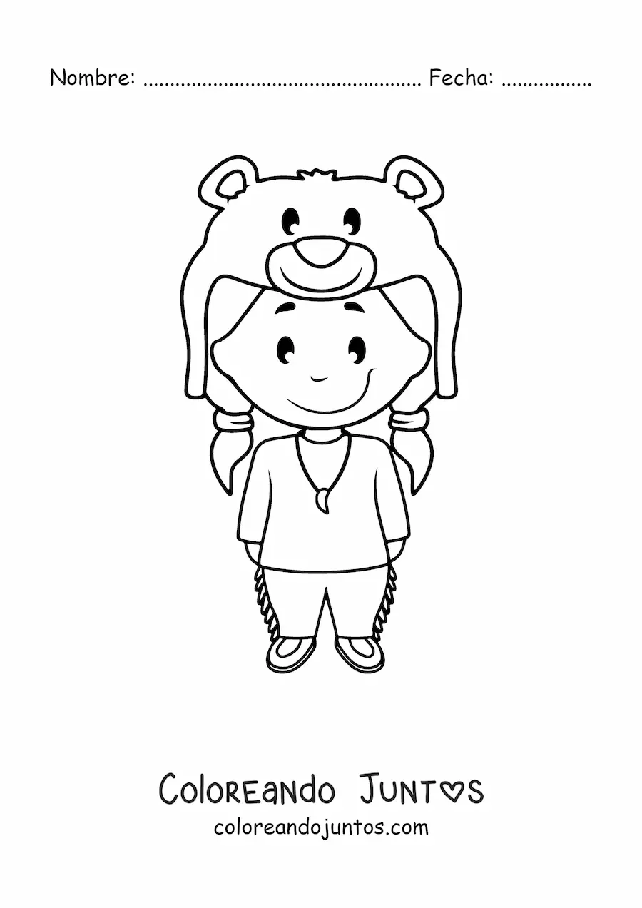 Imagen para colorear de niña indígena americana animada con piel de oso