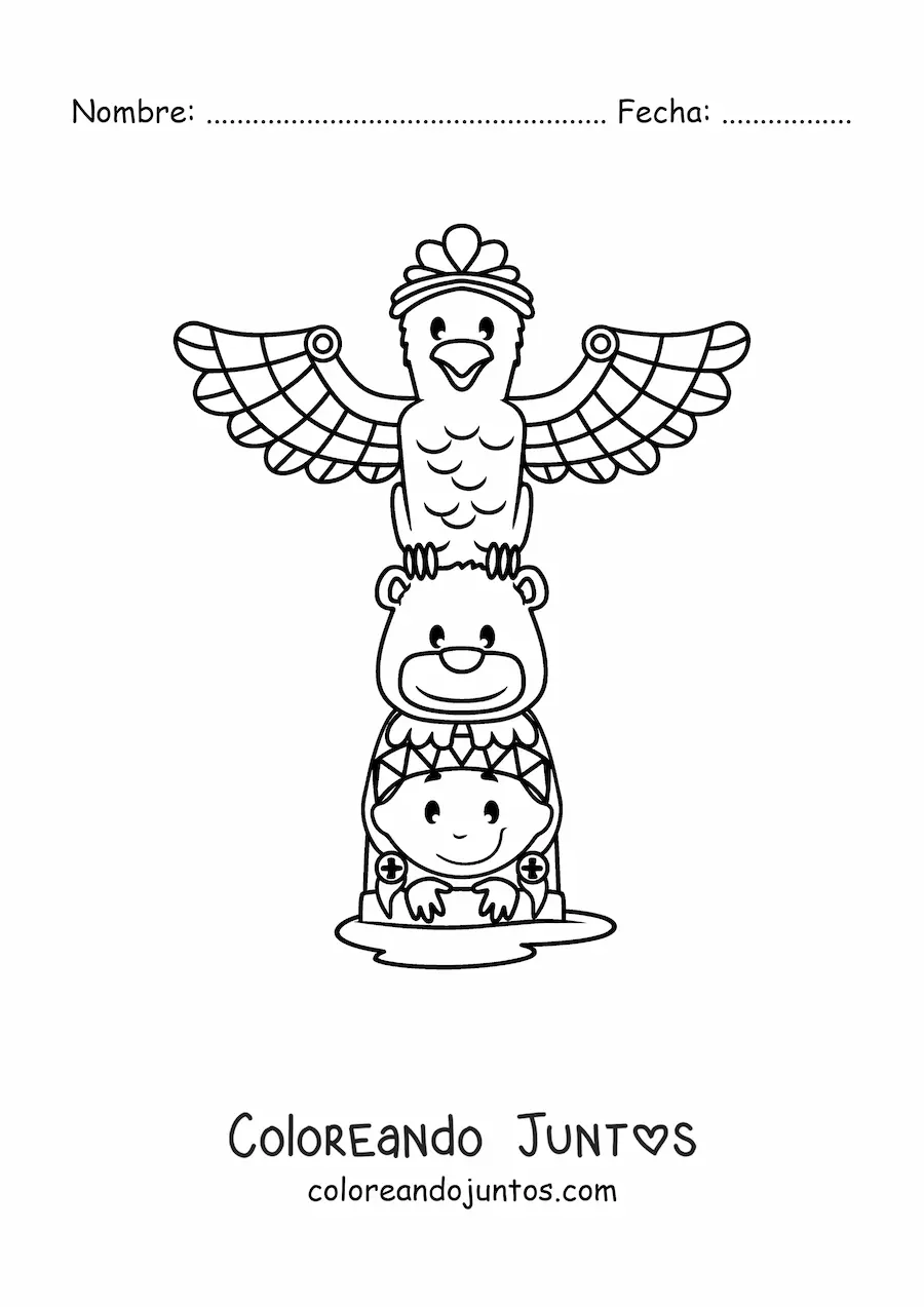 Imagen para colorear de totem de tribus nativas americanas animado kawaii