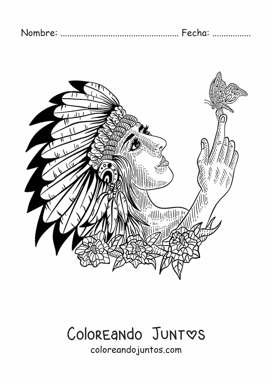 Imagen para colorear de indígena de tribu nativa americana con penacho de plumas y una mariposa