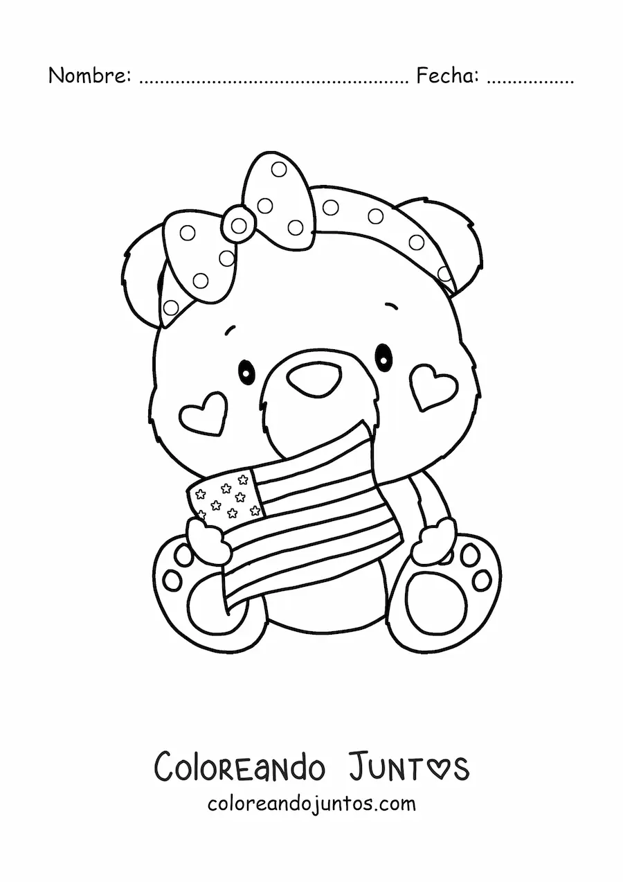 Imagen para colorear de osa animada kawaii con la bandera de estados unidos