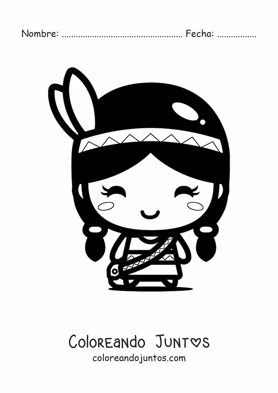 Imagen para colorear de niña nativa americana kawaii