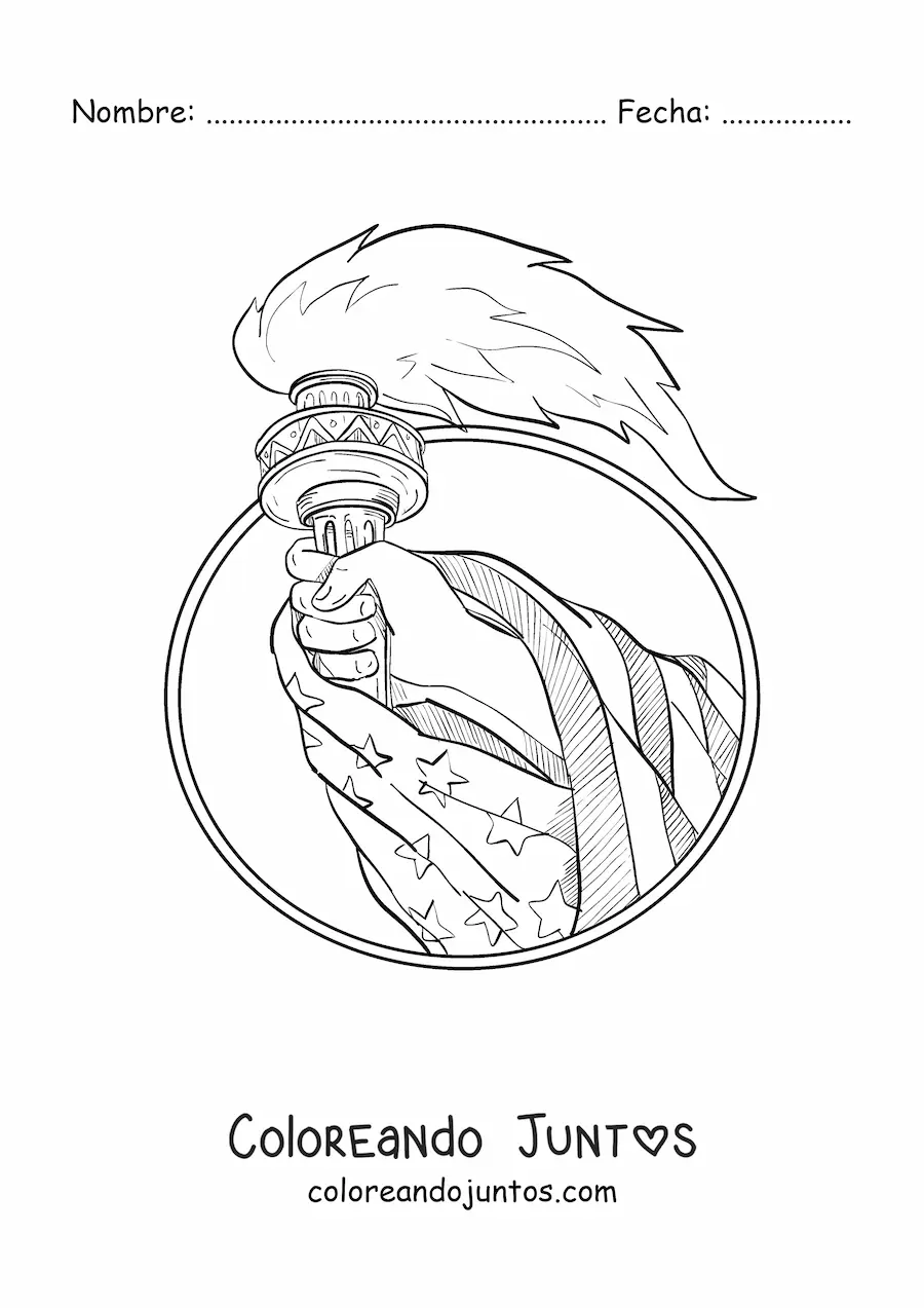 Imagen para colorear de mano sosteniendo la antorcha de la libertad con la bandera de estados unidos