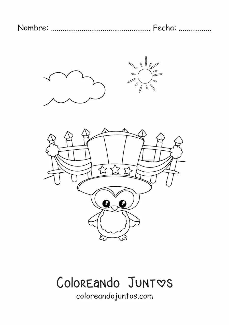 Imagen para colorear de pinguino animado celebrando la independencia de los estados unidos