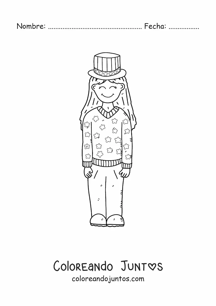 Imagen para colorear de niña celebrando la independencia de los estados unidos