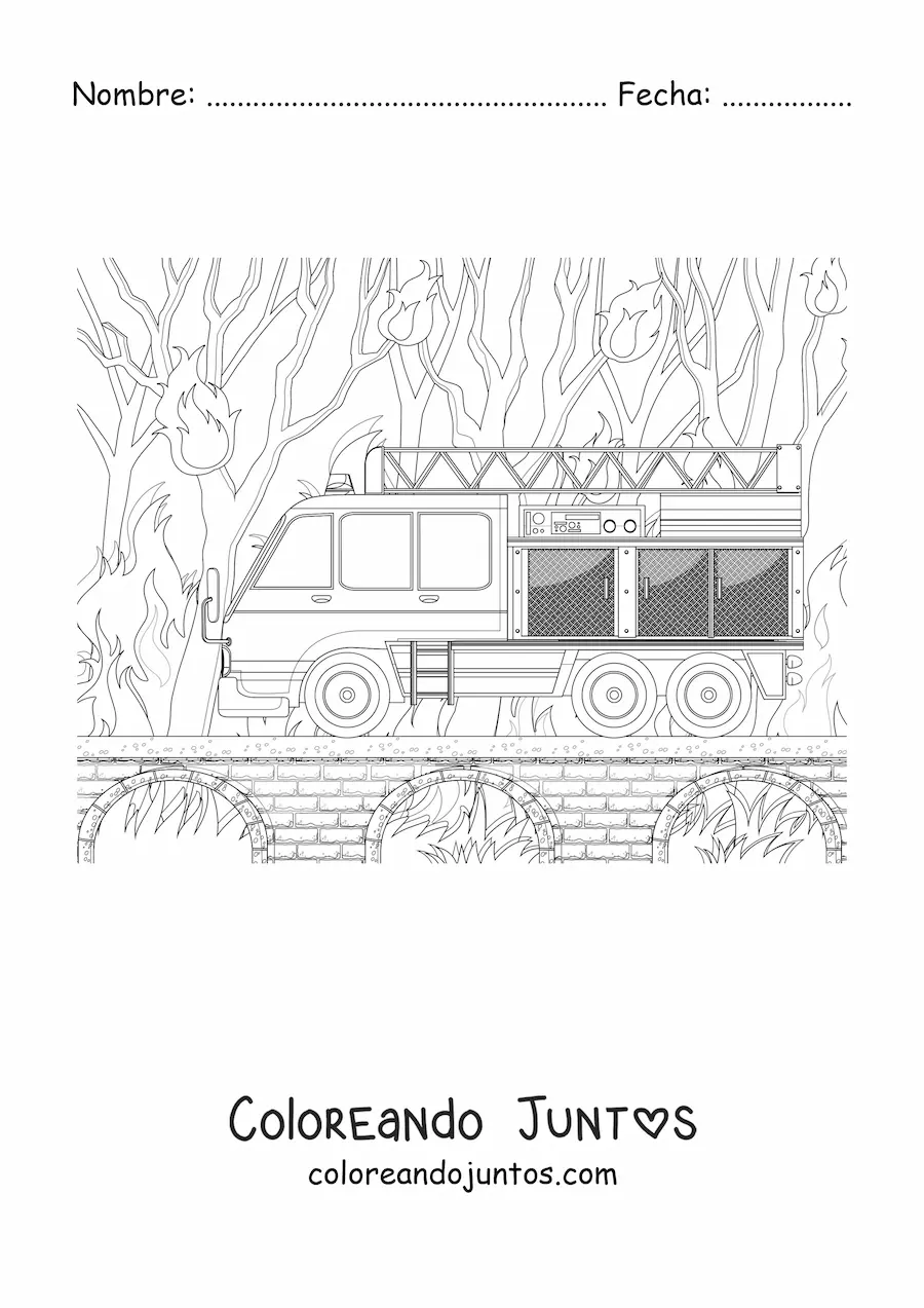 Imagen para colorear de un camión de bomberos en un incendio forestal