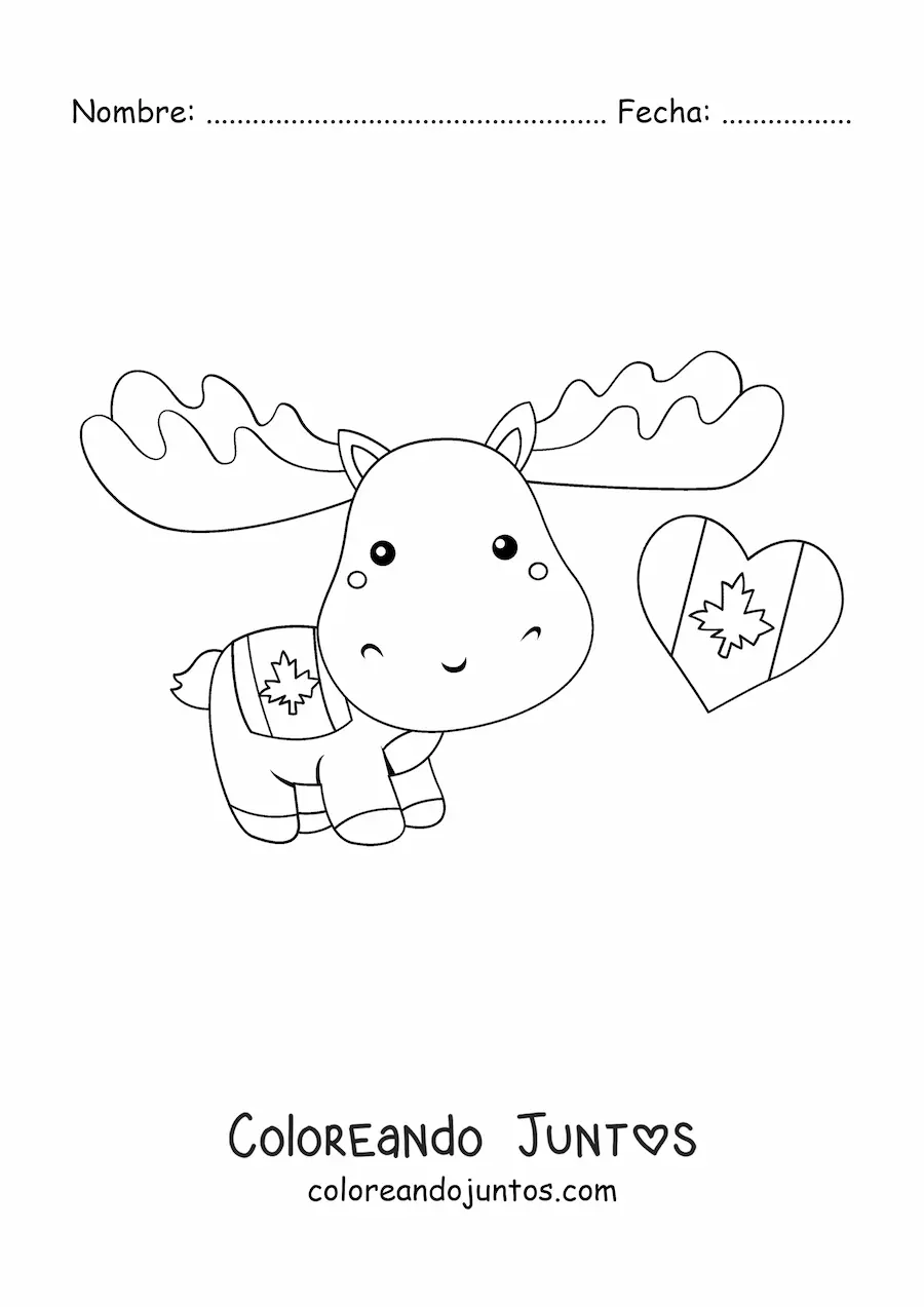 Imagen para colorear de alce canadiense animado kawaii con la bandera de canadá