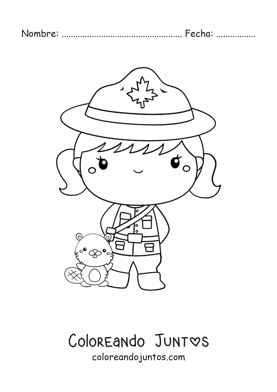 Imagen para colorear de niña policía de canadá kawaii animada