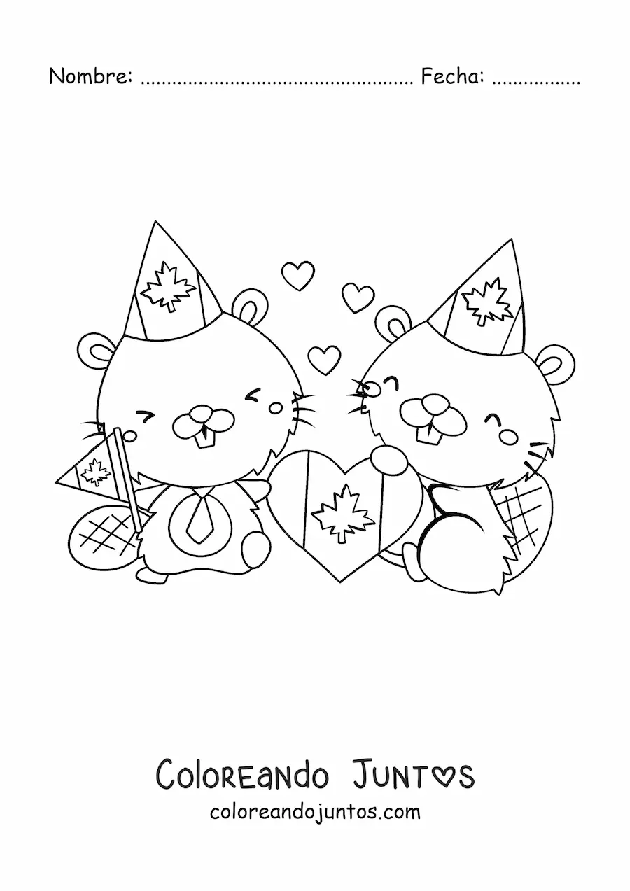 Imagen para colorear de castores de canadá animados con la bandera y corazones