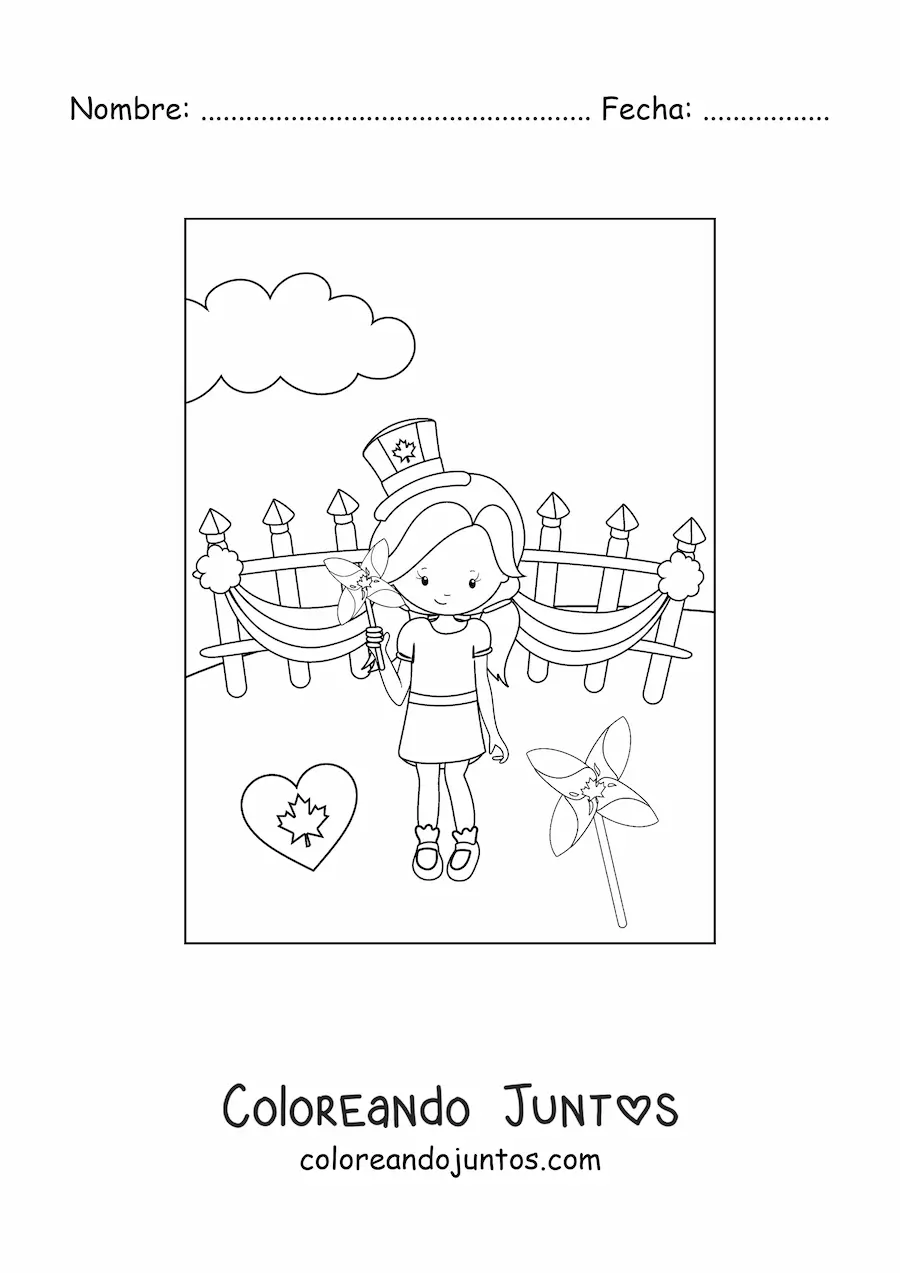 Imagen para colorear de niña celebrando el día de canadá
