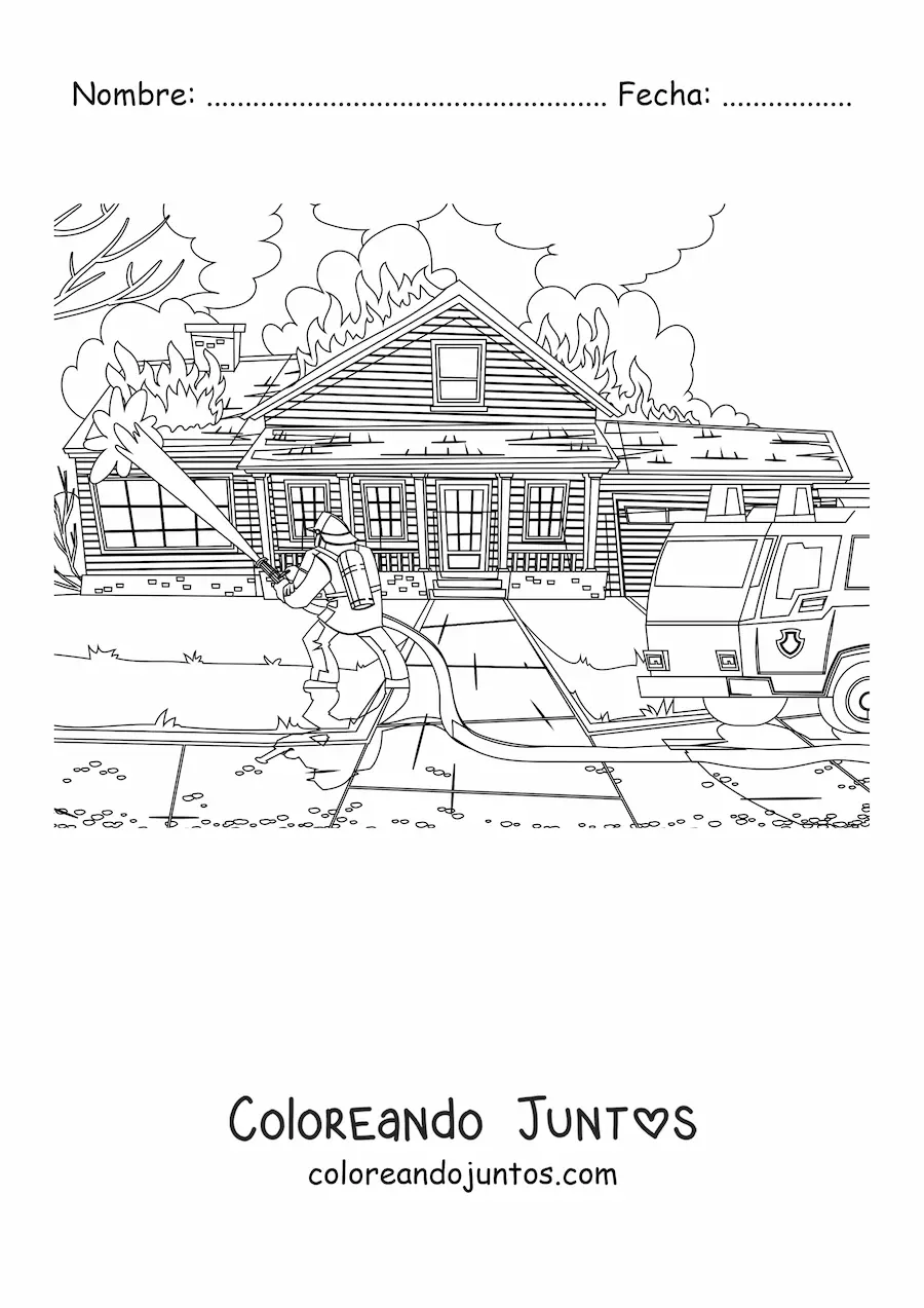 Imagen para colorear de un bombero apagando un incendio