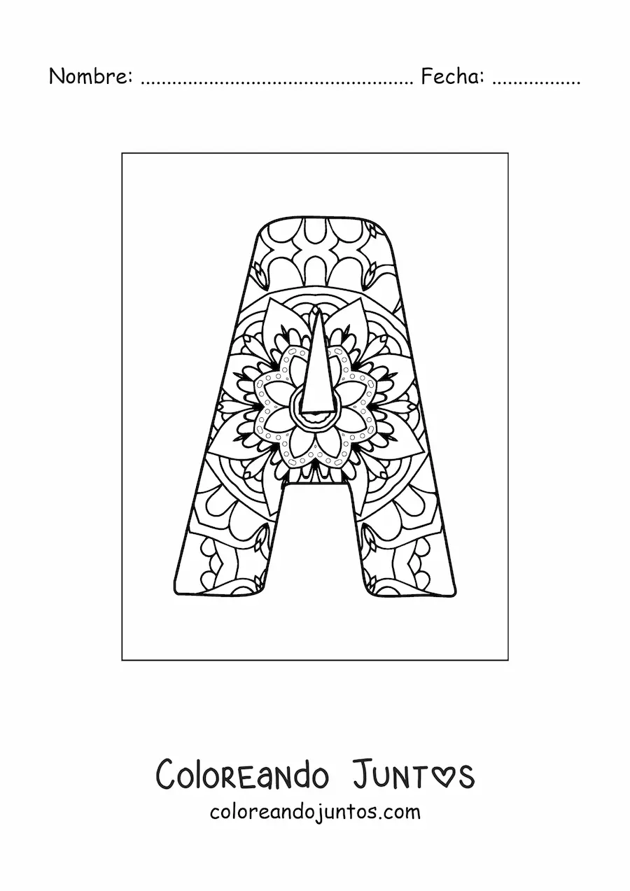 Imagen para colorear de mandala de la letra a mayúscula