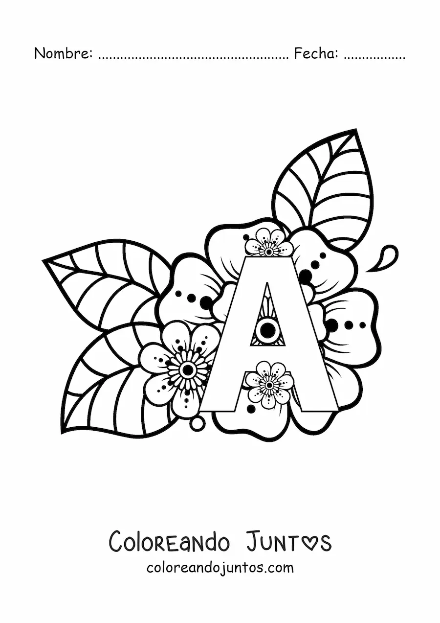 Imagen para colorear de letra a decorada con flores