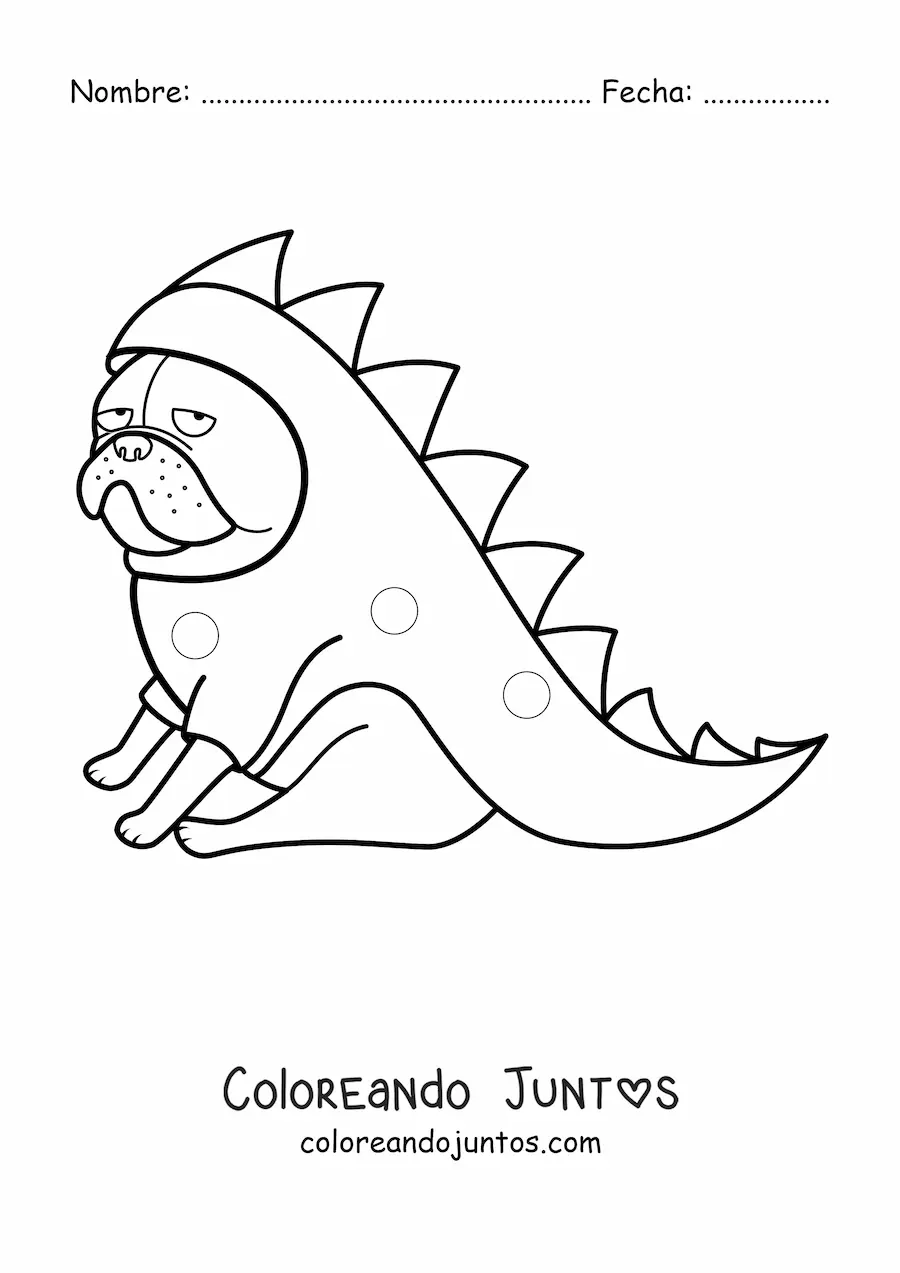 Imagen para colorear de un pug disfrazado de cocodrilo sentado