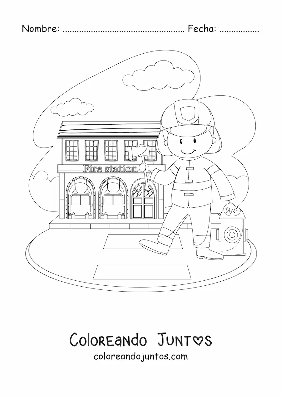 Imagen para colorear de un bombero animado en la estación