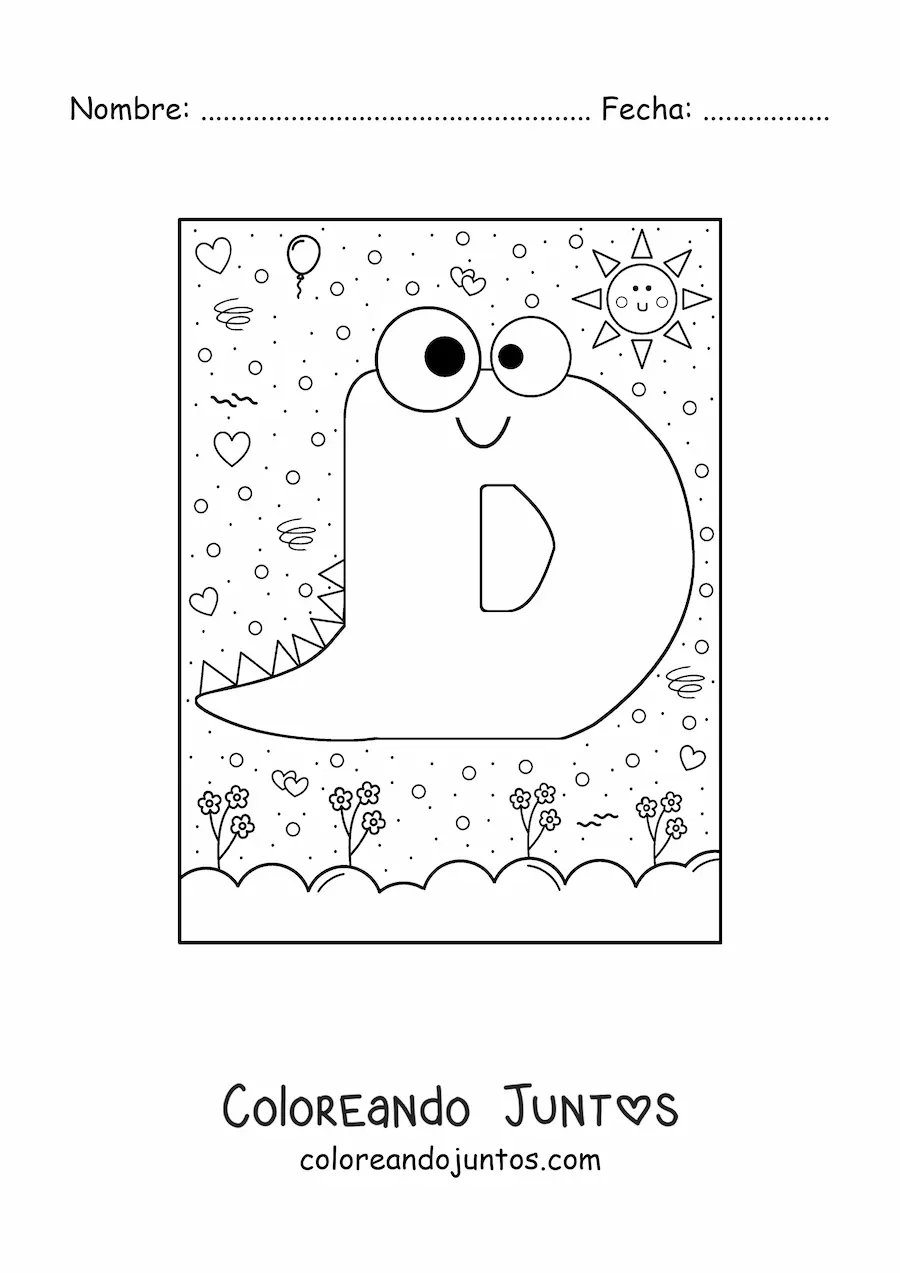 Imagen para colorear de la letra d animada con forma de monstruo con dibujos animados