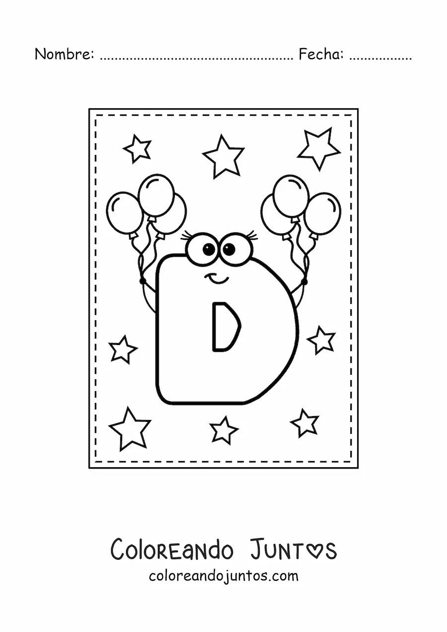 Imagen para colorear de la letra d mayúscula animada con globos