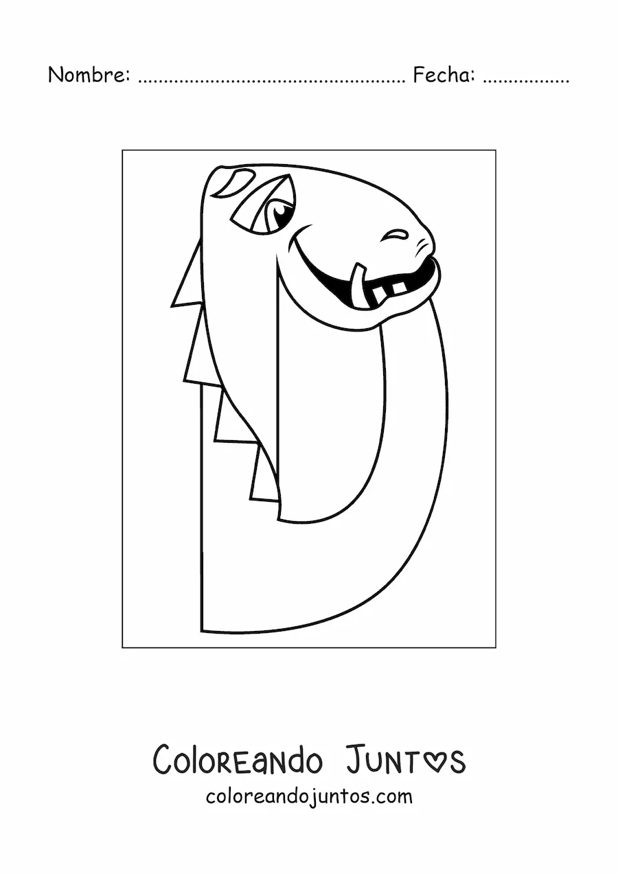 Imagen para colorear de la letra d animada con forma de dinosaurio