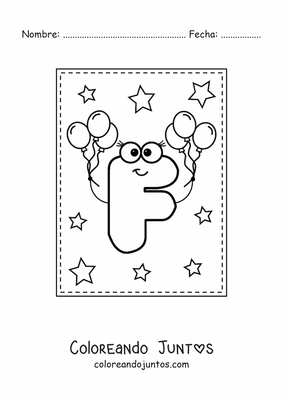 Imagen para colorear de la letra f mayúscula animada con globos
