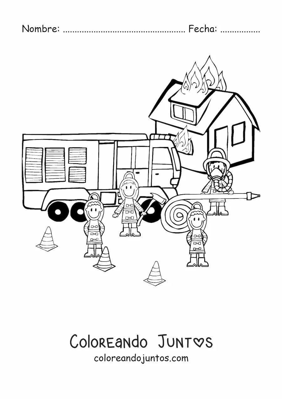 Imagen para colorear de varios bomberos animados apagando un incendio