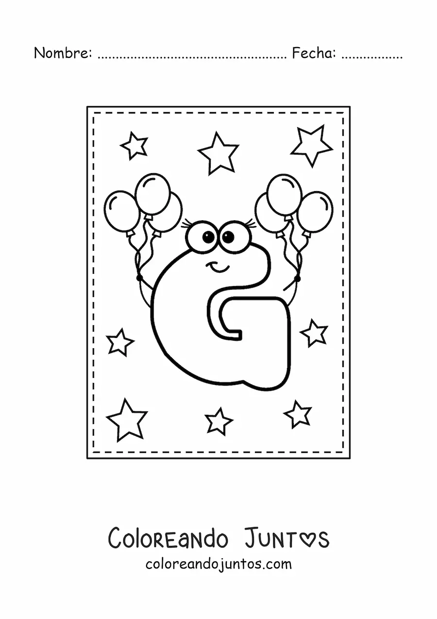 Imagen para colorear de la letra g mayúscula animada con globos