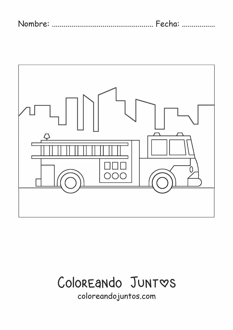 Imagen para colorear de un camión de bomberos transitando la ciudad