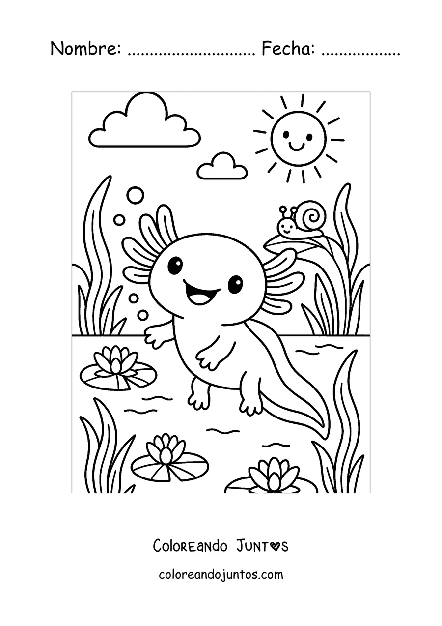Imagen para colorear de un ajolote junto a una laguna con un caracol y el sol
