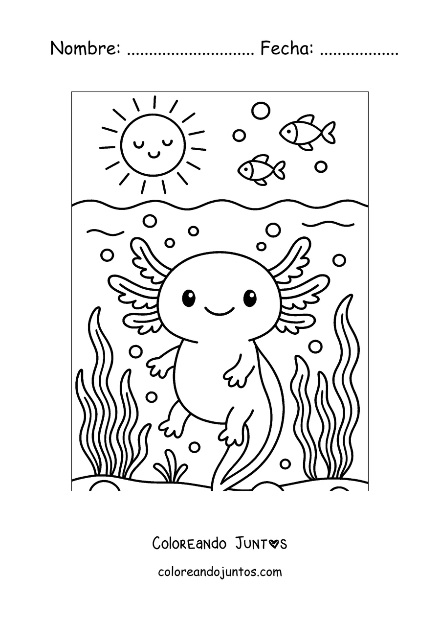 Imagen para colorear de un ajolote nadando bajo un sol sonriente